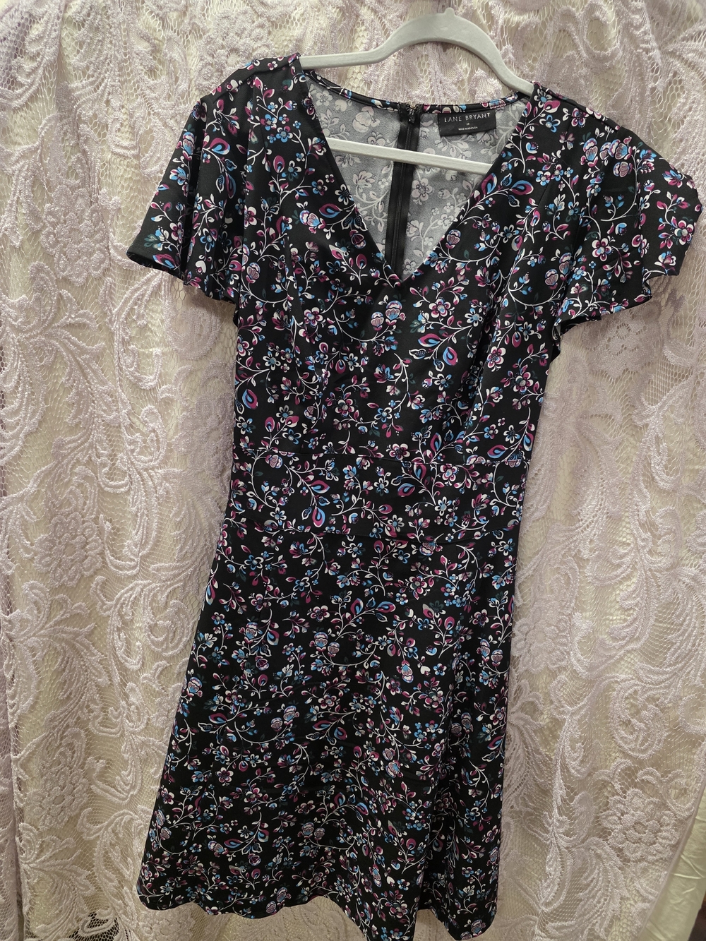 Lane Bryant Black Floral V-Neck Fit & Flare Dress with Belt